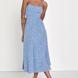 Lulus Charming Dedication Blue Floral Sleeveless Lace Up Dress